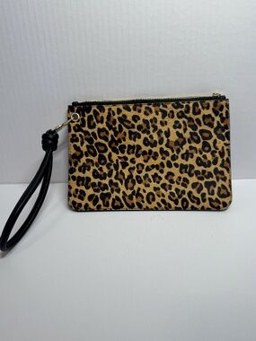 LOFT Leopard Print Calf Hair Black Wristlet Clutch Animal Print Zip Pouch Bag